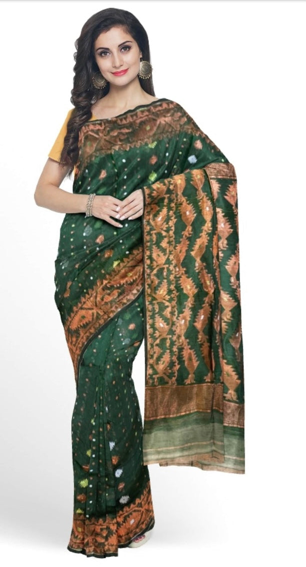 Green Bengal Handloom Resham Jamdani Saree