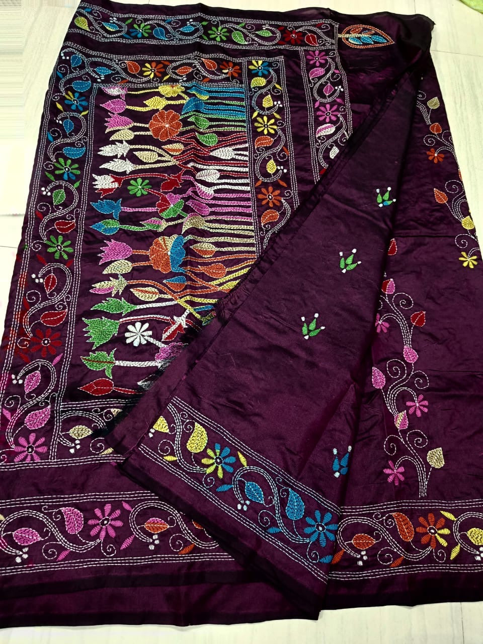 SAMVITA Purple Kantha Stitch Silk Saree – Hand-Embroidered Elegance in Every Thread