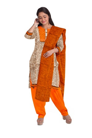 Cream Cotton Salwar Suit Fabric with Embroidered Neck Pattern and Bandhani Dupatta