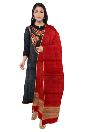 Black and Red Chanderi Salwar Suit Fabric with Embroidered Neck Pattern