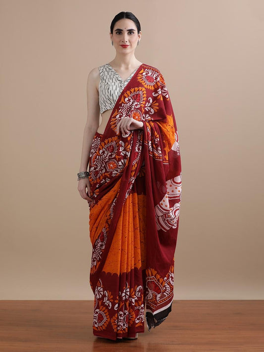 Orange Cotton Mulmul Saree with Blouse Piece