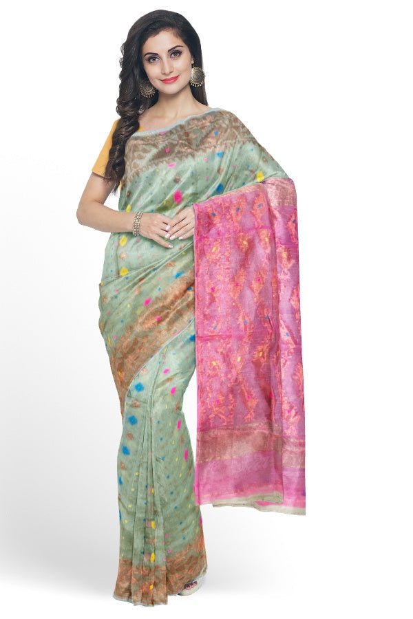 Green And Pink Resham Handloom Jamdani Saree - Samvita