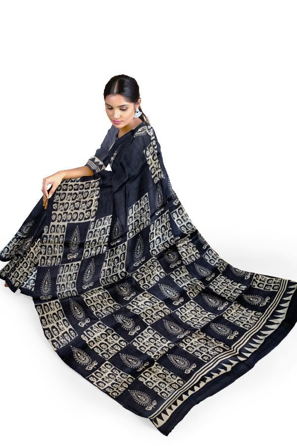 Black Tussar Silk Printed Saree - Samvita