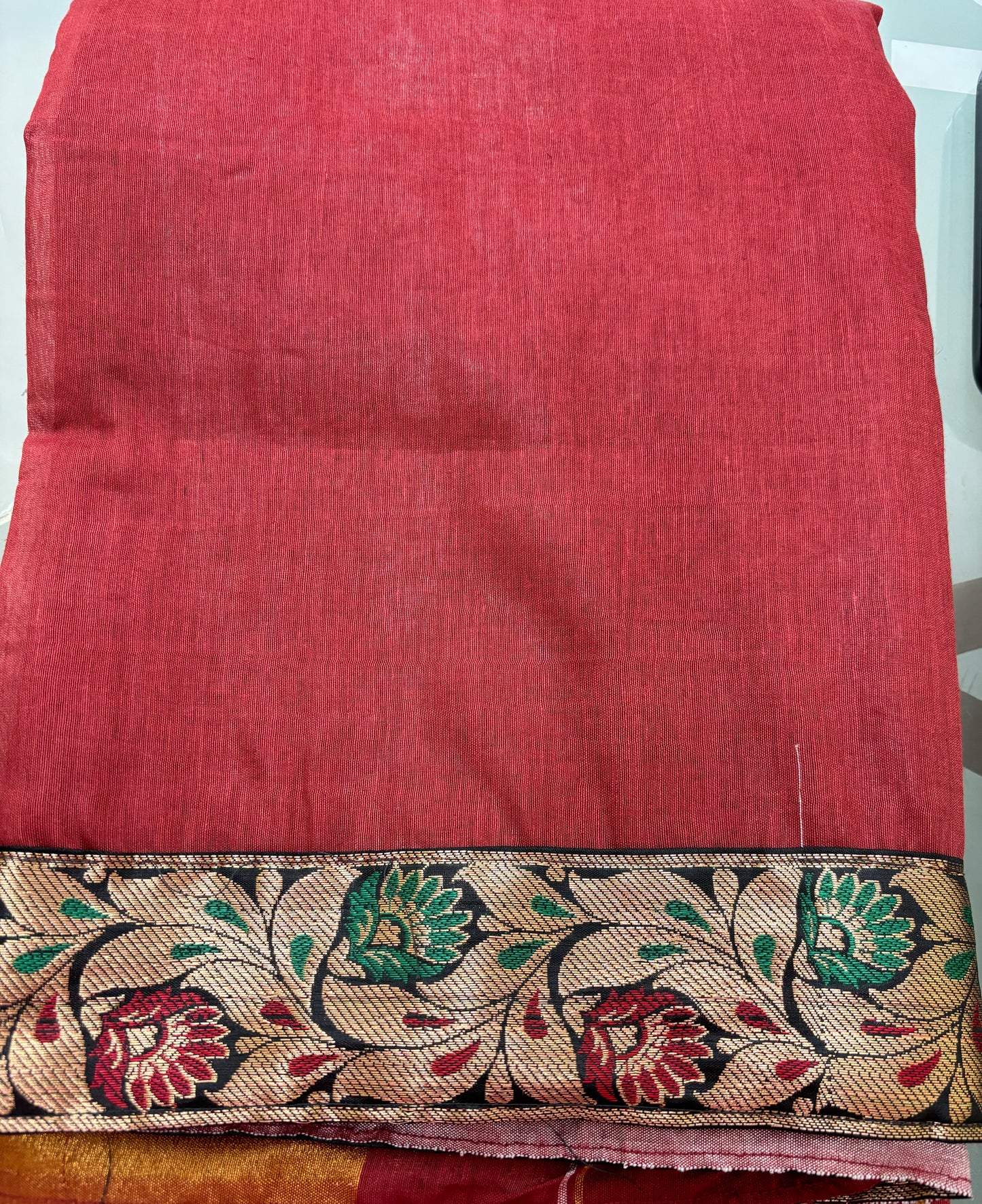 Red Cotton Silk Saree with Handwoven Benarasi Zari Border