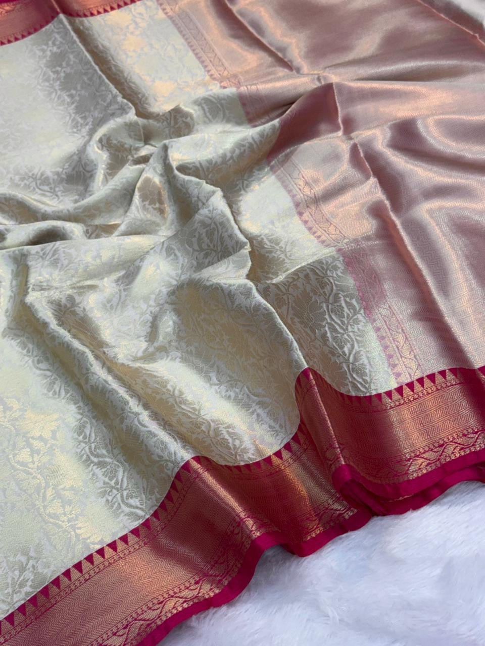 SAMVITA Ivory Silk Saree with Blouse Piece – Shimmering Elegance in Every Fold