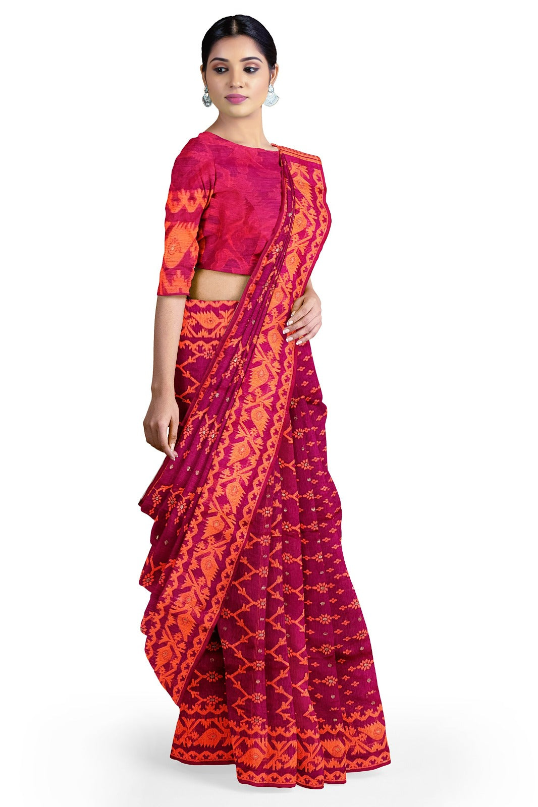 SAMVITA Pink Bengal Handloom Resham Jamdani Saree with Blouse Piece