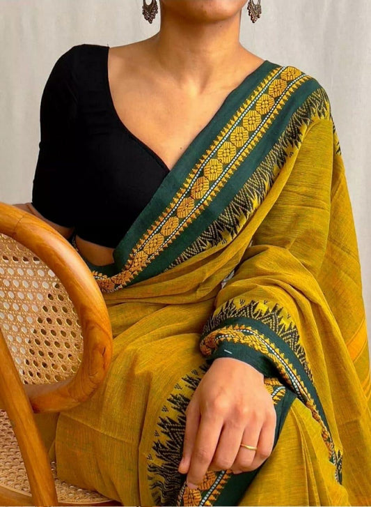 Yellow Cotton Soft Handloom Saree with Blouse Piece – Classic Comfort, Woven by Hand