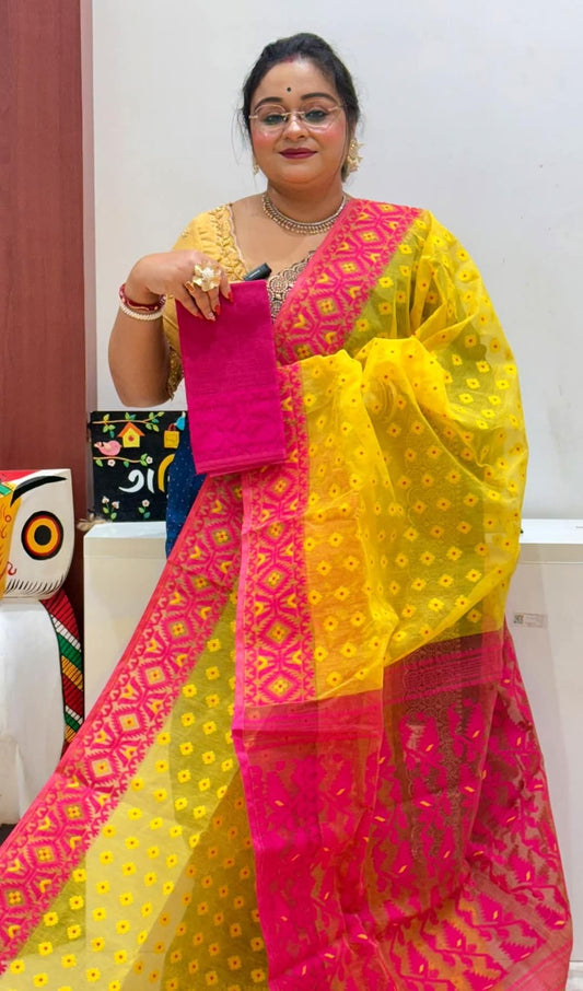 SAMVITA Yellow Bengal Handloom Resham Jamdani Saree with Blouse Piece – A Masterpiece of Grace & Craft