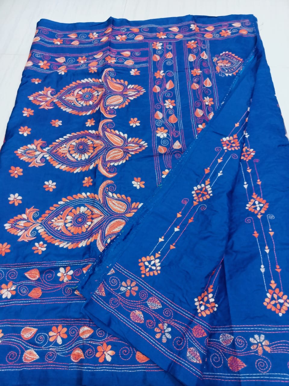 SAMVITA Blue Kantha Stitch Silk Saree