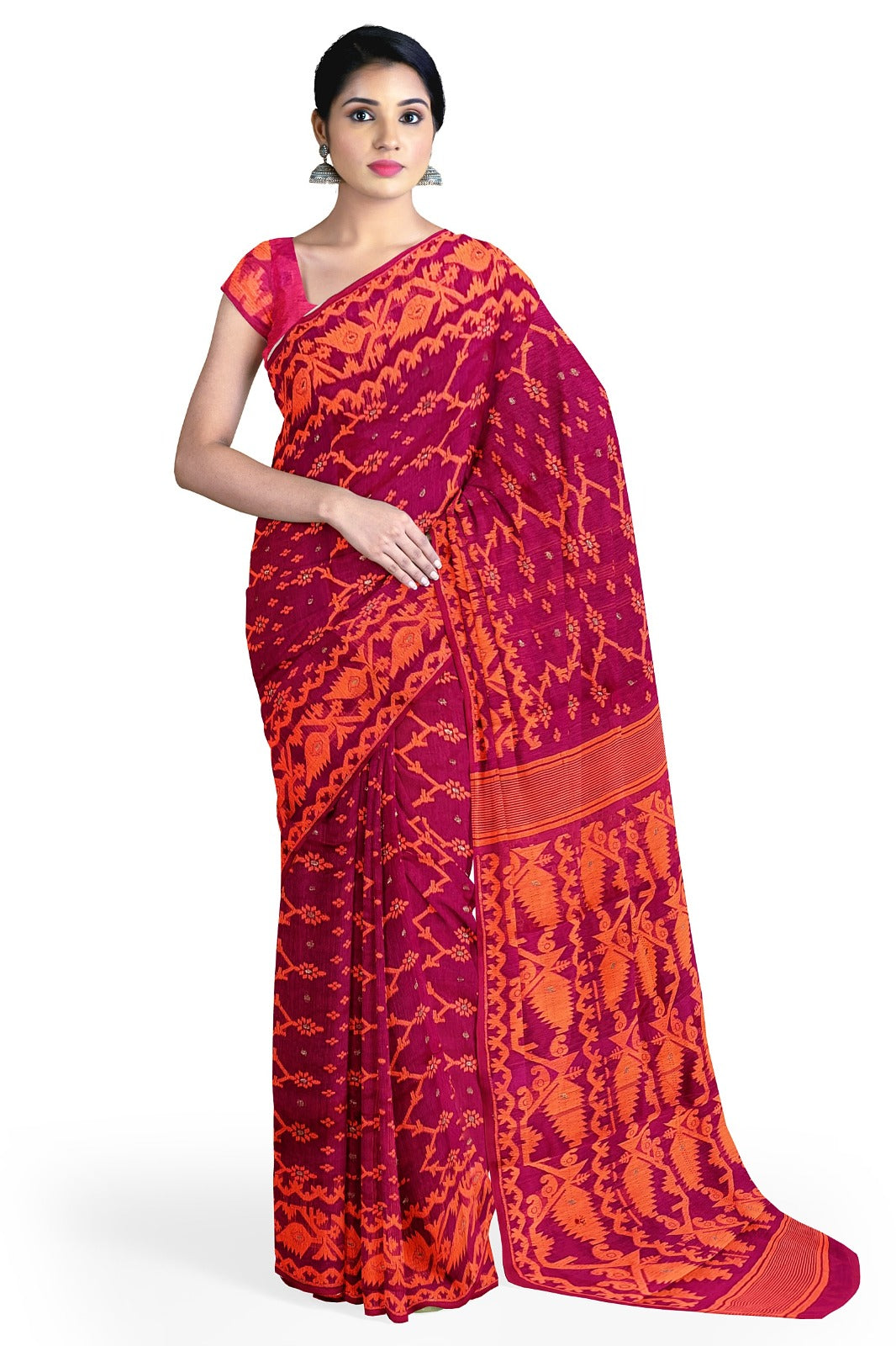 SAMVITA Pink Bengal Handloom Resham Jamdani Saree with Blouse Piece