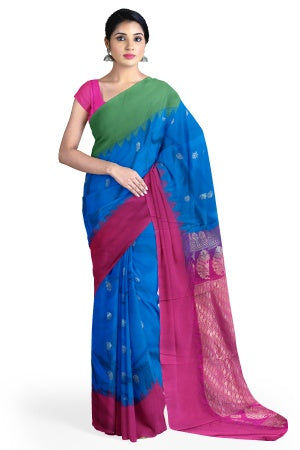 SAMVITA Blue Silk Saree with Blouse Piece – Shimmering Elegance in Every Fold