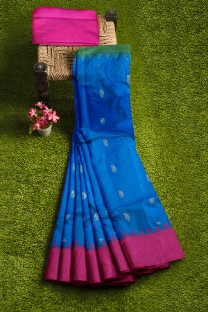 SAMVITA Blue Silk Saree with Blouse Piece – Shimmering Elegance in Every Fold