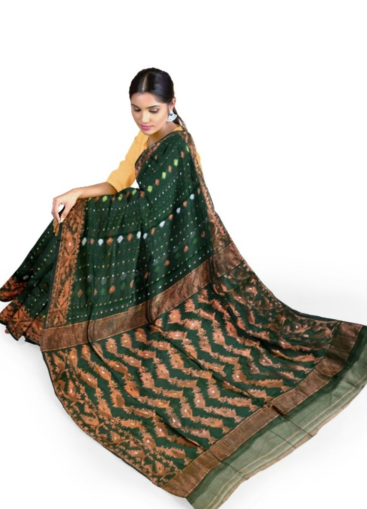 Green Bengal Handloom Resham Jamdani Saree