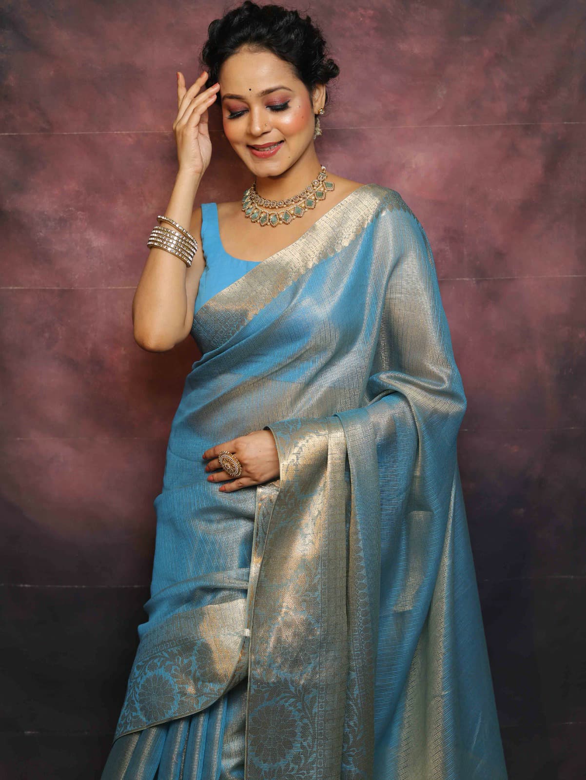 SAMVITA Blue Tissue Silk Saree with Blouse Piece