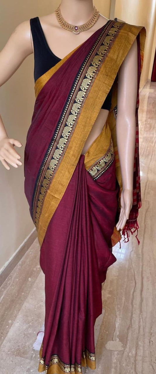 Maroon Cotton Soft Handloom Saree with Blouse Piece – Classic Comfort, Woven by Hand