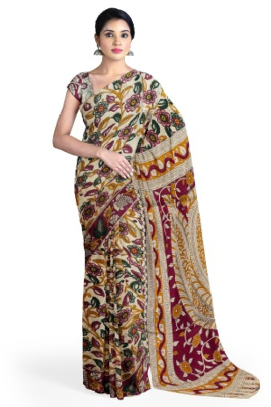 Cream Printed Cotton Kalamkari Saree with Blouse Piece – Handcrafted Elegance in Every Thread