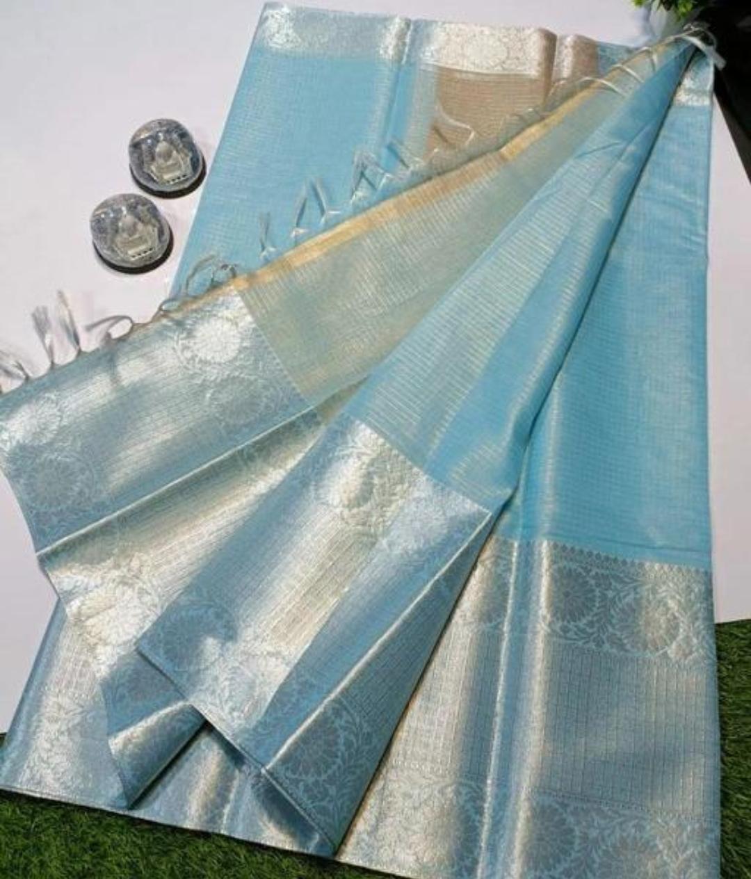 SAMVITA Blue Tissue Silk Saree with Blouse Piece