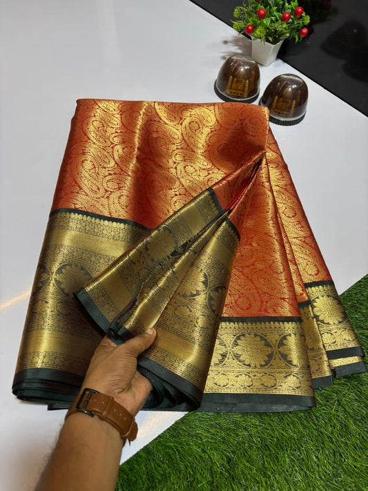 SAMVITA Orange Silk Saree with Blouse Piece – Shimmering Elegance in Every Fold