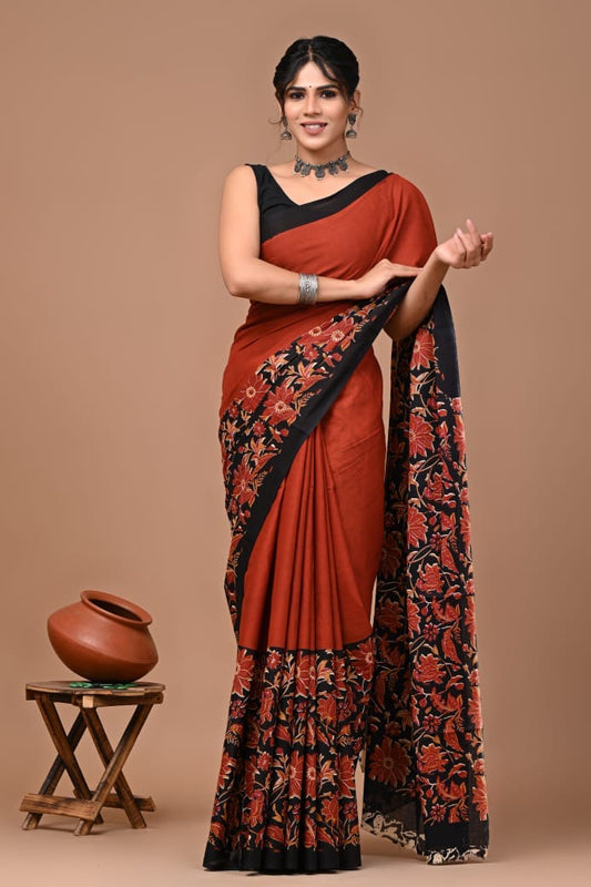 Brown Cotton Mulmul Saree with Blouse Piece – Earthy Elegance in a Feather-Light Drape