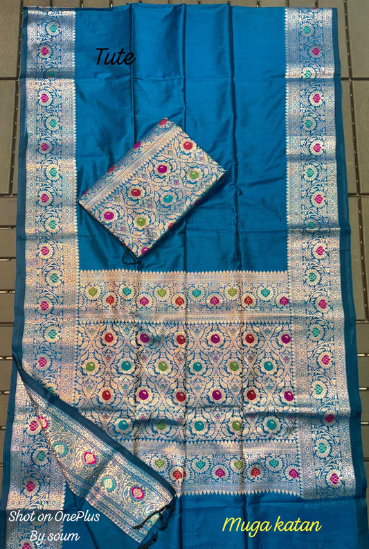 Blue Muga Kataan Silk Saree with Rich Zari Work – Royal Weave, Eternal Grace