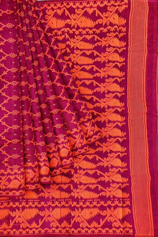 SAMVITA Pink Bengal Handloom Resham Jamdani Saree with Blouse Piece – A Masterpiece of Grace & Craft