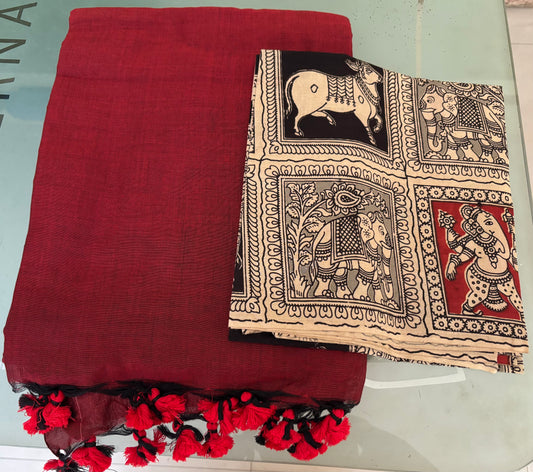 Maroon Cotton Handloom Saree with Designer Blouse Piece
