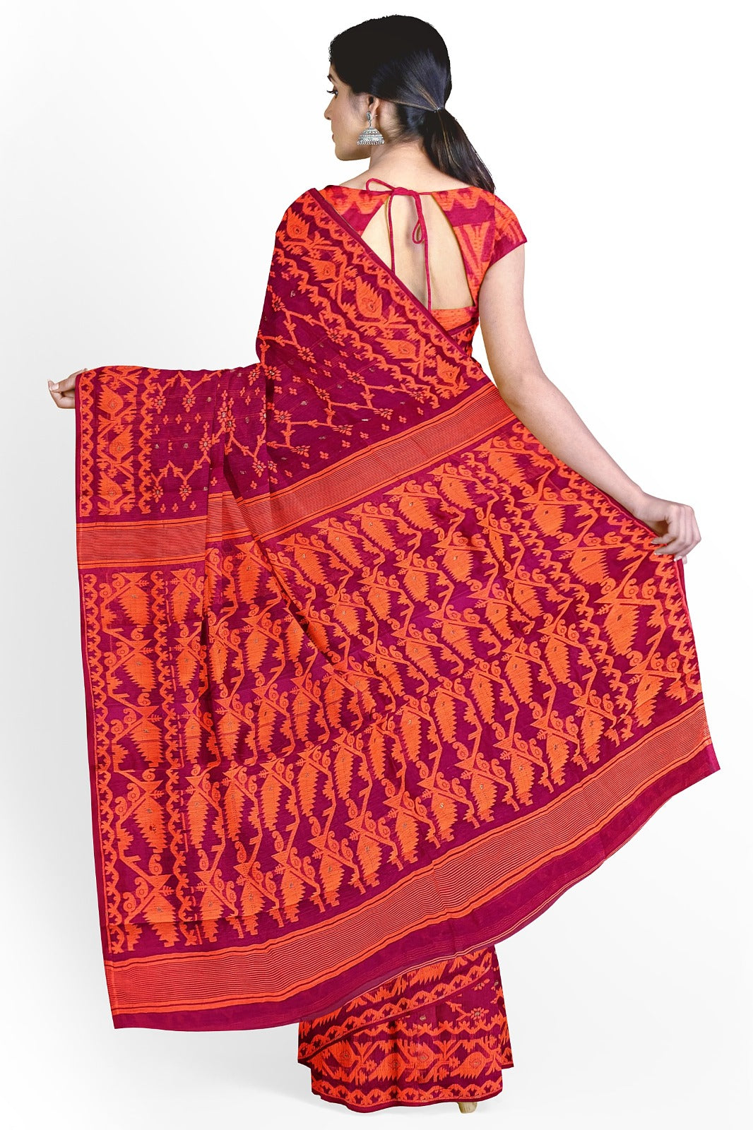 SAMVITA Pink Bengal Handloom Resham Jamdani Saree with Blouse Piece