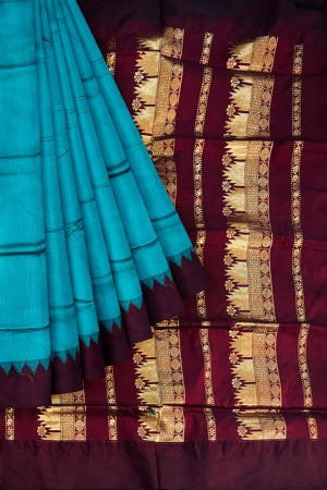 Blue-Green Cotton Silk Kalyani Gadwal Saree with Butta and Zari Pallu – Grace Rooted in Heritage