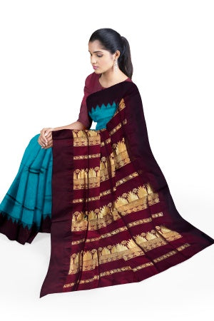 Blue-Green Cotton Silk Kalyani Gadwal Saree with Butta and Zari Pallu – Grace Rooted in Heritage