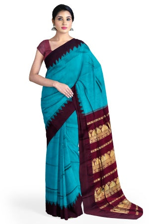 Blue-Green Cotton Silk Kalyani Gadwal Saree with Butta and Zari Pallu – Grace Rooted in Heritage