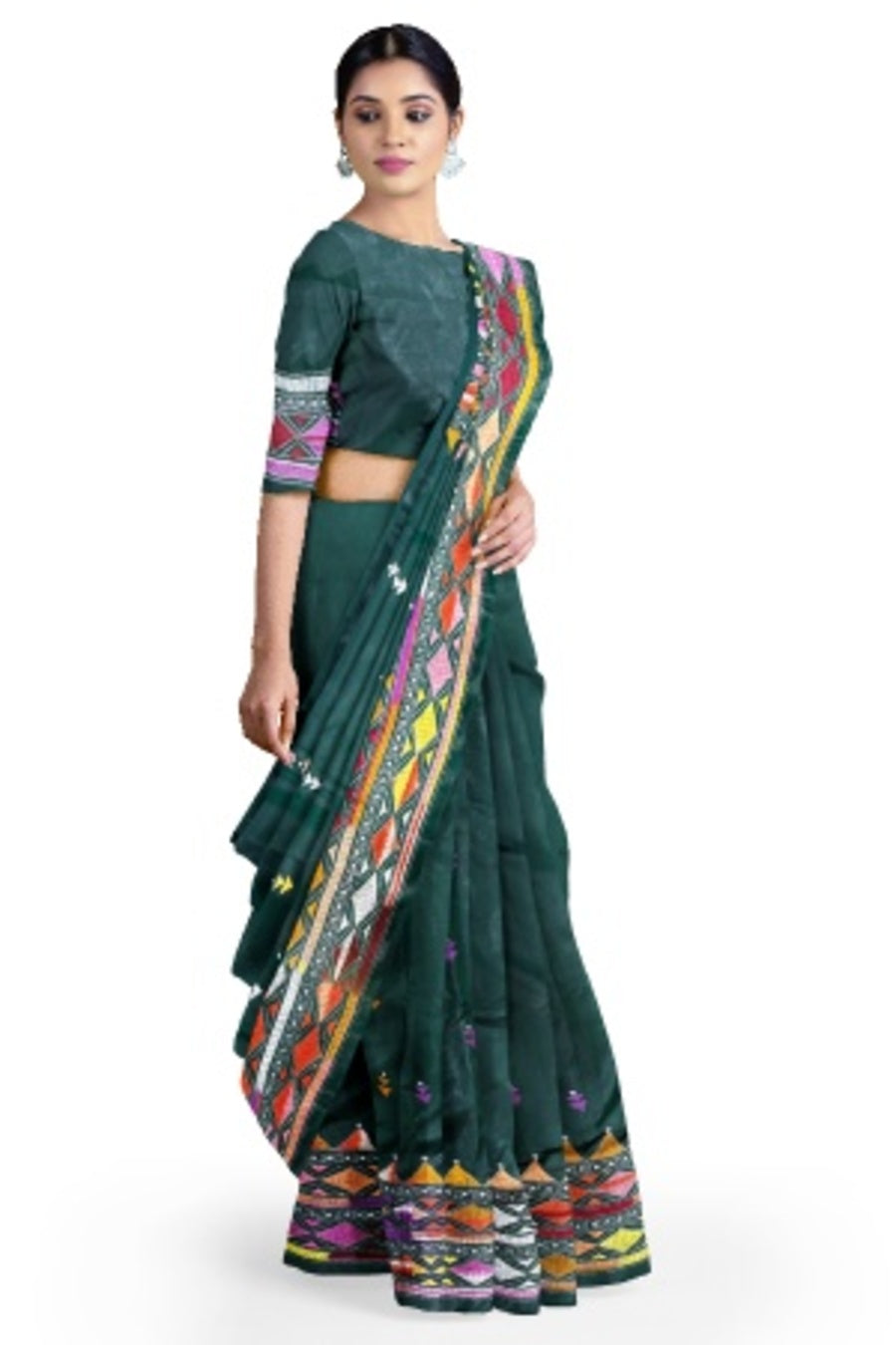 SAMVITA Green Kantha Stitch Silk Saree – Hand-Embroidered Elegance in Every Thread