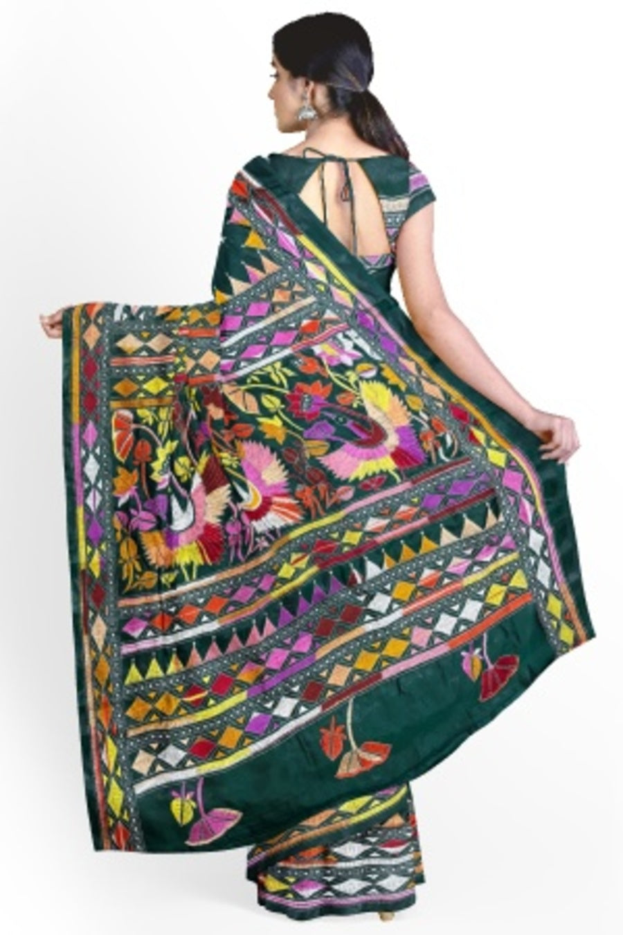 SAMVITA Green Kantha Stitch Silk Saree – Hand-Embroidered Elegance in Every Thread
