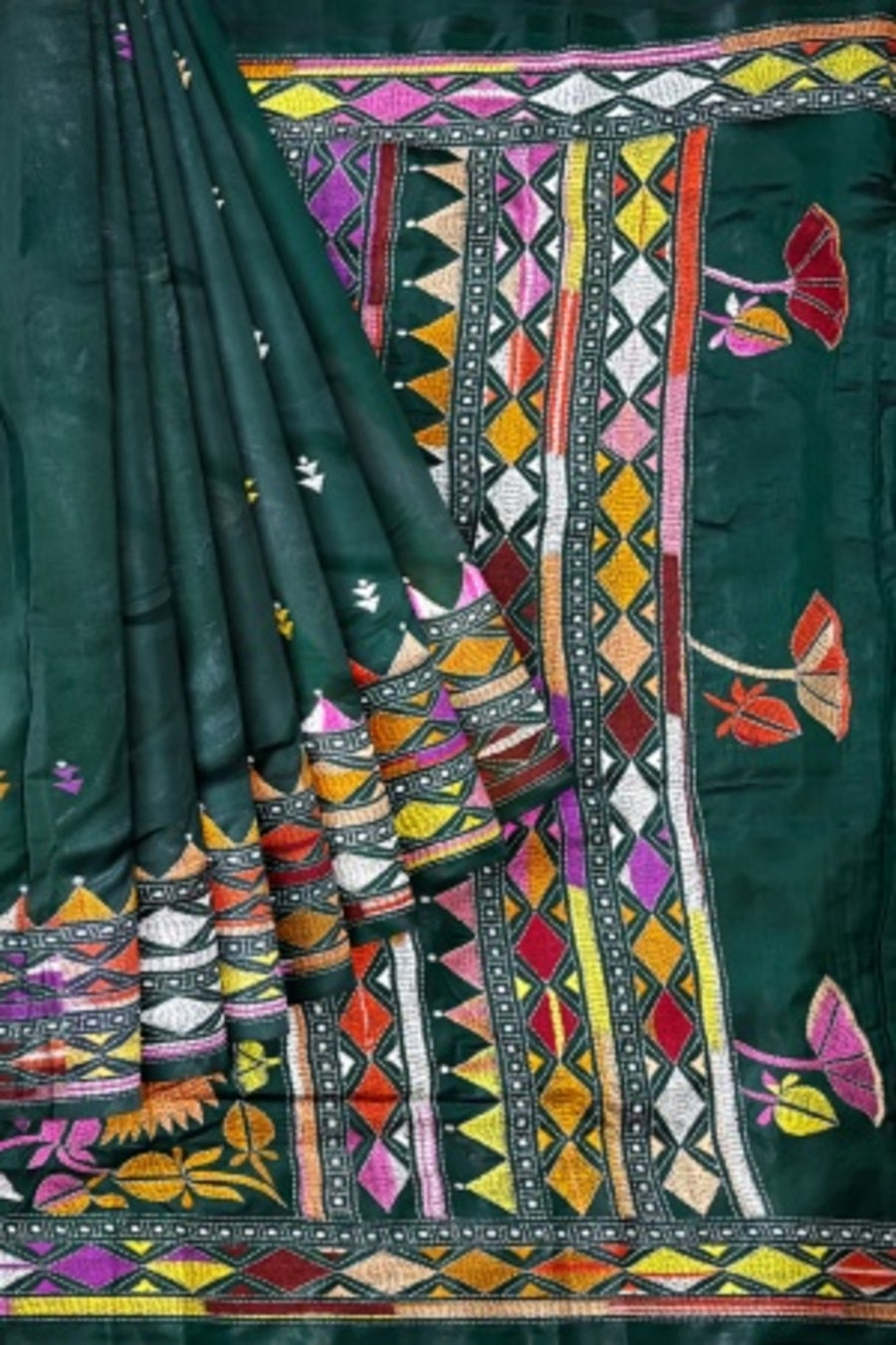 SAMVITA Green Kantha Stitch Silk Saree – Hand-Embroidered Elegance in Every Thread