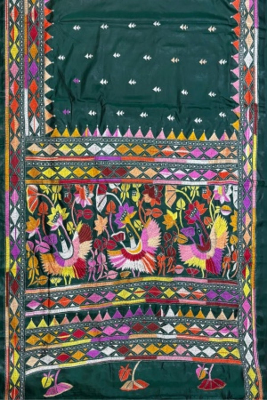 SAMVITA Green Kantha Stitch Silk Saree – Hand-Embroidered Elegance in Every Thread