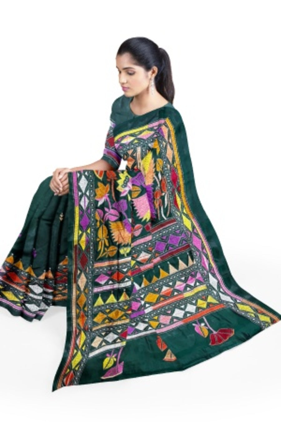 SAMVITA Green Kantha Stitch Silk Saree – Hand-Embroidered Elegance in Every Thread