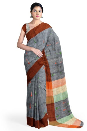 Grey Handloom Soft Saree With Blouse Piece - Samvita Cotton Elegance