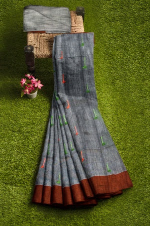 Grey Handloom Soft Saree With Blouse Piece - Samvita Cotton Elegance