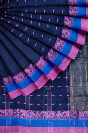 Navy Blue Bengal Handloom Saree - Samvita Pure Cotton Elegance