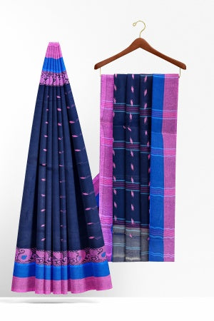 Navy Blue Bengal Handloom Saree - Samvita Pure Cotton Elegance