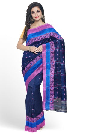 Navy Blue Bengal Handloom Saree - Samvita Pure Cotton Elegance