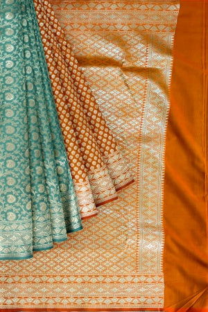 SAMVITA Orange and Teal Wedding Wear Silk Saree with Blouse Piece – Shimmering Elegance in Every Fold