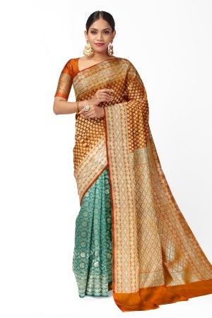SAMVITA Orange and Teal Wedding Wear Silk Saree with Blouse Piece – Shimmering Elegance in Every Fold