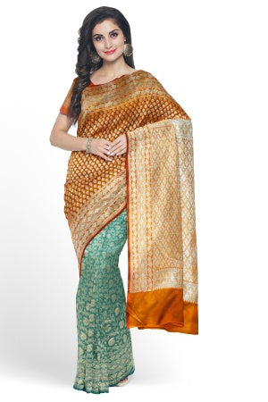 SAMVITA Orange and Teal Wedding Wear Silk Saree with Blouse Piece – Shimmering Elegance in Every Fold