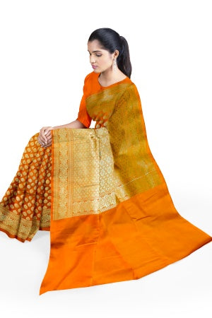 SAMVITA Orange Wedding Wear Silk Saree with Blouse Piece – Shimmering Elegance in Every Fold