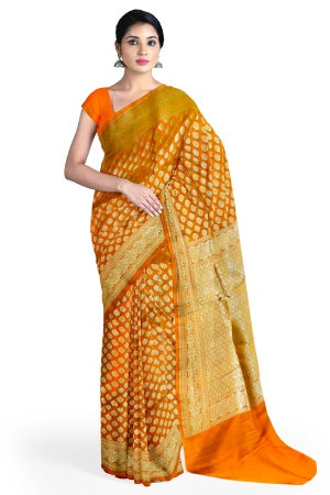 SAMVITA Orange Wedding Wear Silk Saree with Blouse Piece – Shimmering Elegance in Every Fold
