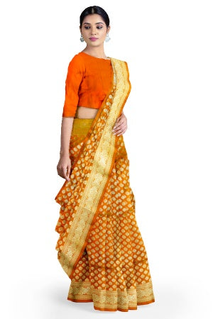 SAMVITA Orange Wedding Wear Silk Saree with Blouse Piece – Shimmering Elegance in Every Fold