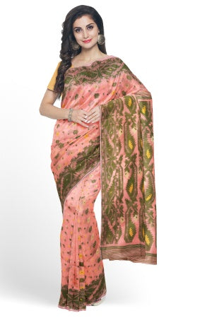 Peach Bengal Handloom Saree - Samvita Pure Cotton Elegance