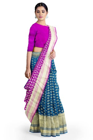 SAMVITA Pink and Blue Wedding Wear Silk Saree with Blouse Piece – Shimmering Elegance in Every Fold
