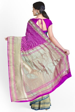 SAMVITA Pink and Blue Wedding Wear Silk Saree with Blouse Piece – Shimmering Elegance in Every Fold