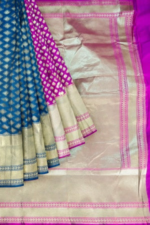 SAMVITA Pink and Blue Wedding Wear Silk Saree with Blouse Piece – Shimmering Elegance in Every Fold